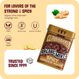 Clawhammer Organic Mints Spicy Ginger Root packaging with branding and certification logos on a beige background.