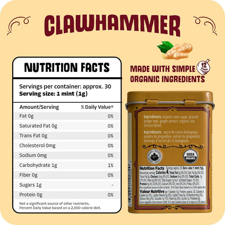 Clawhammer mint packaging with nutrition facts label on a beige background