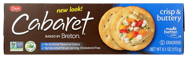 Box of Dare Cabaret crackers with a new look label, featuring a cracker with toppings on a blue and brown background.
