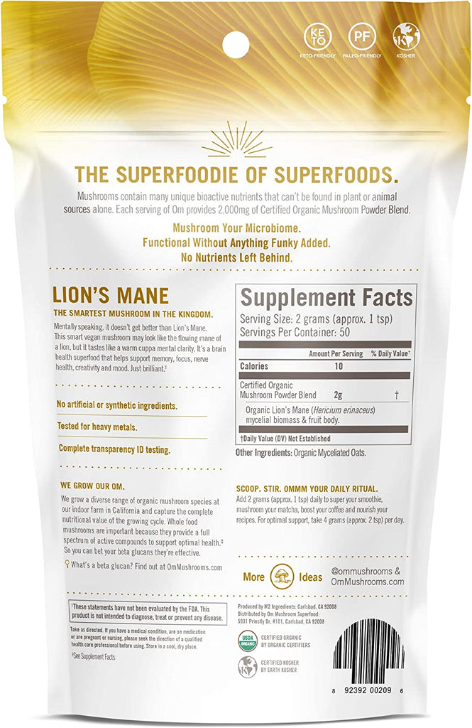 Om Mushroom Superfood Lion's Mane Organic Mushroom Powder 3.5 Oz - Cozy Farm 