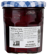 Jar of jam with a blue checkered lid, showing a nutrition facts label.