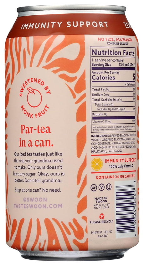 Swoon Zero Sugar Peach Iced Tea, 12 fl. oz., Pack of 12