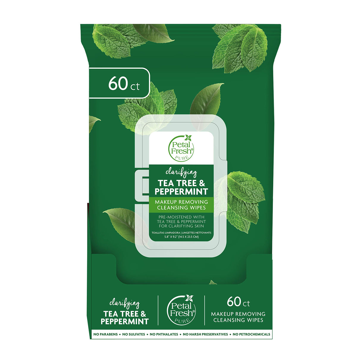 Petal Fresh Pure - Tea Tree & Peppermint Makeup Remover Wipes, 60 ct (Case of 12) - Gentle Cleansing Towelettes