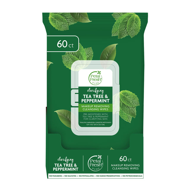 Petal Fresh Pure - Tea Tree & Peppermint Makeup Remover Wipes, 60 ct (Case of 12) - Gentle Cleansing Towelettes
