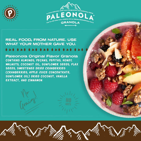 Paleonola Granola packaging with a bowl of granola and fruit on a teal background