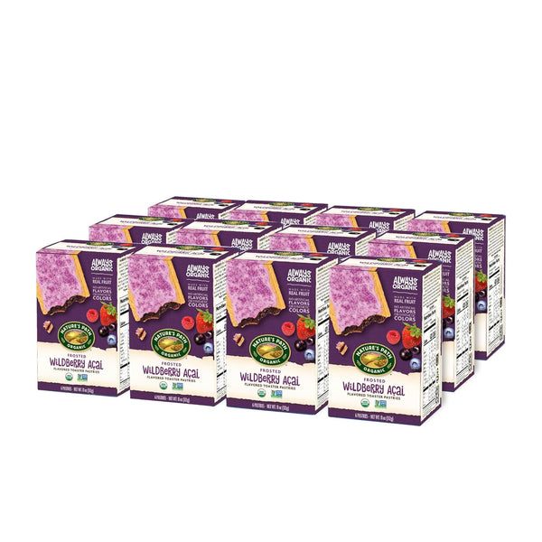 Multiple boxes of Nature's Path Wildberries Acai cereal bars on a white background