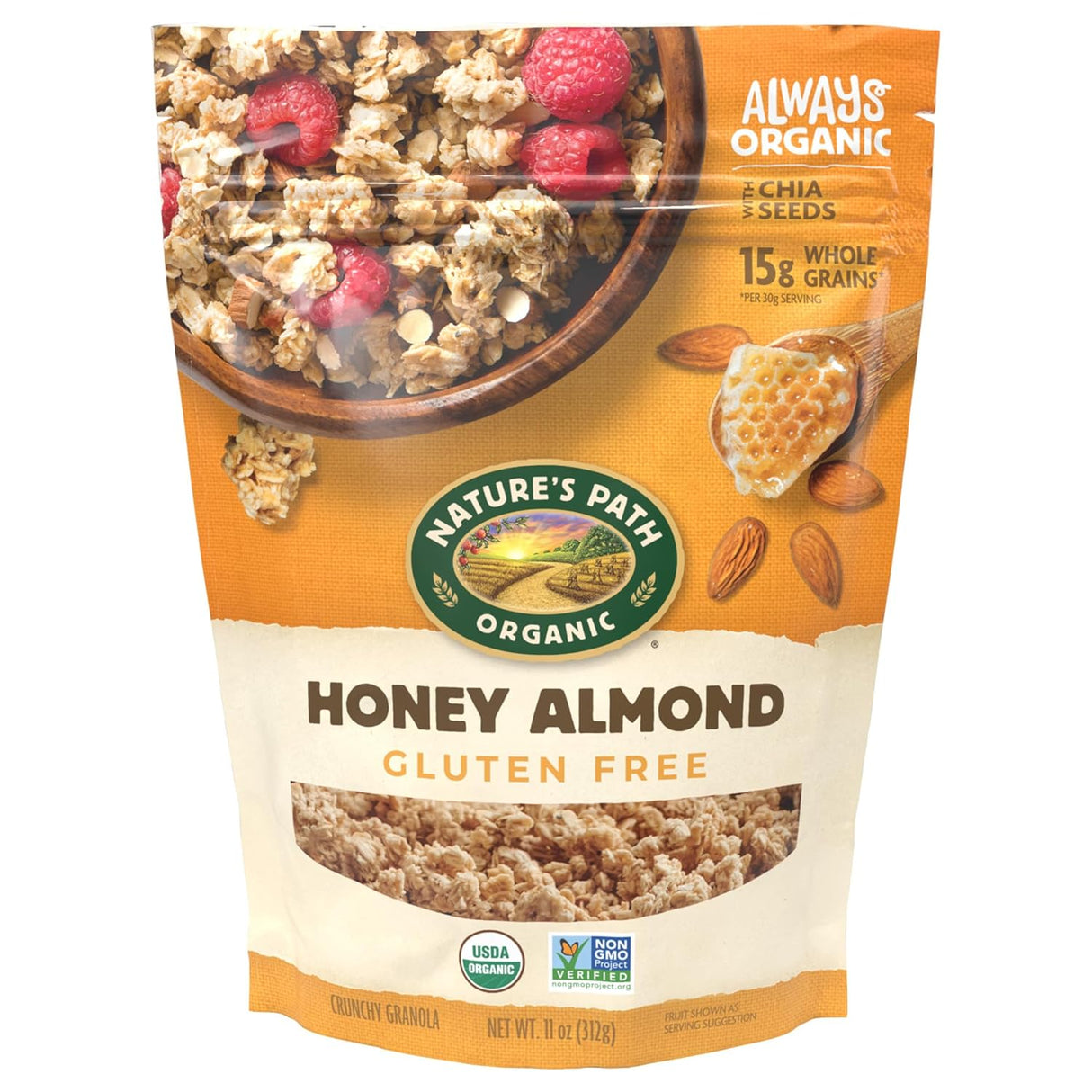 Nature's Path Organic Honey Almond gluten-free granola package with a bowl of granola and raspberries on an orange background.
