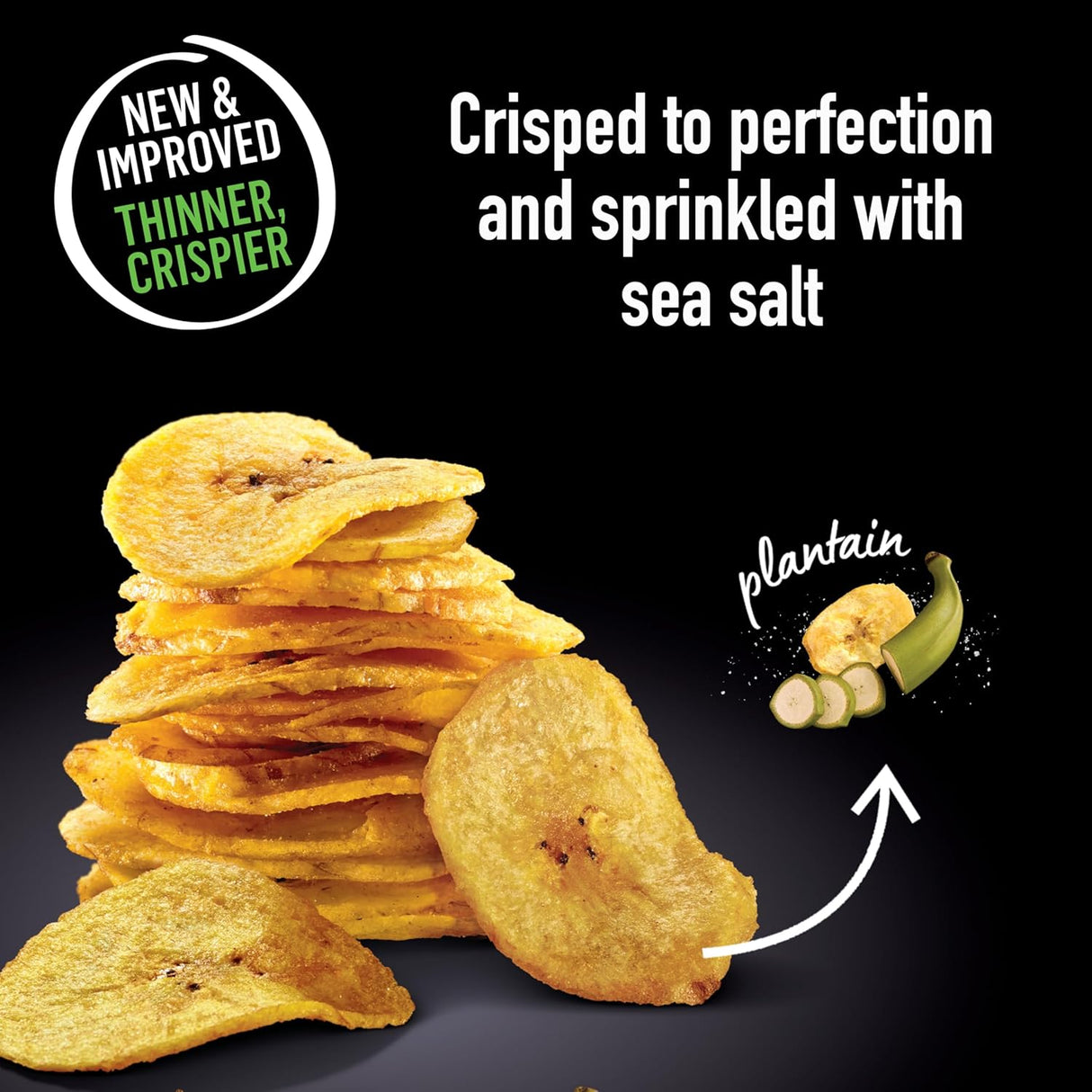 Stack of plantain chips with text on a black background