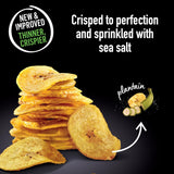 Stack of plantain chips with text on a black background