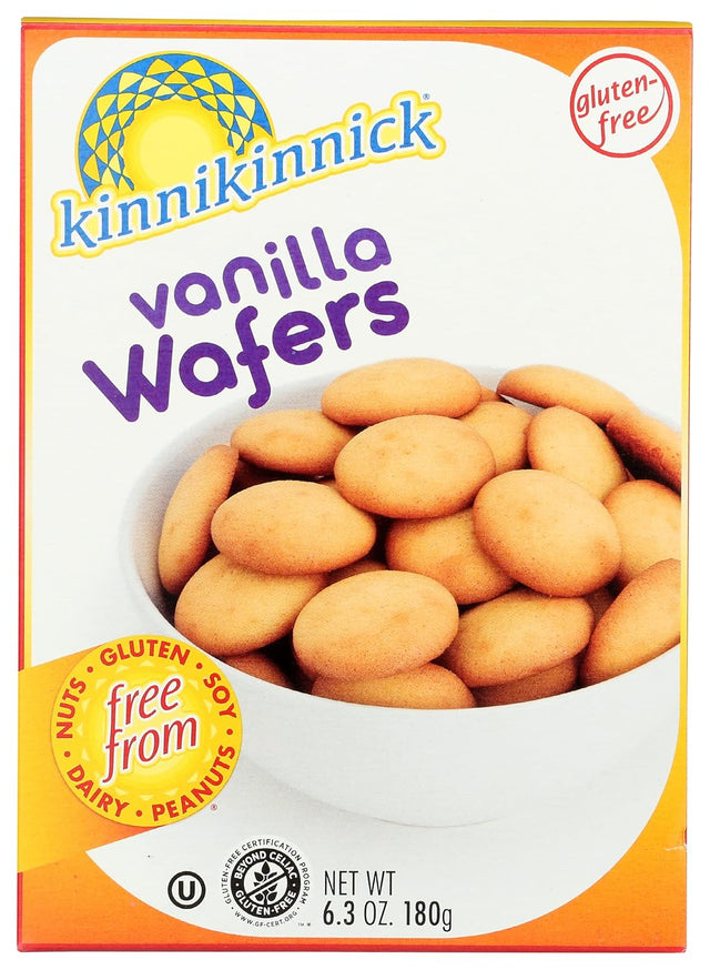 Box of Kinnikinnick vanilla wafers with a bowl of cookies on the packaging.