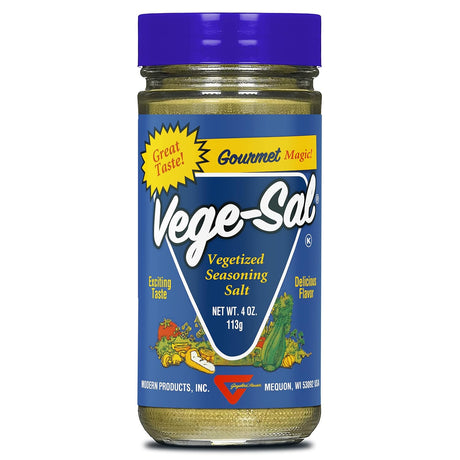 Vege-Sal seasoning salt jar with blue label and purple lid on a white background
