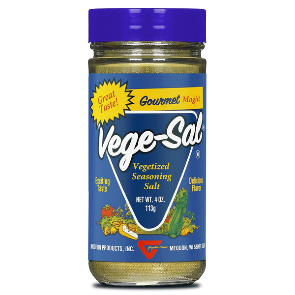 Vege-Sal seasoning salt jar with blue label and purple lid on a white background