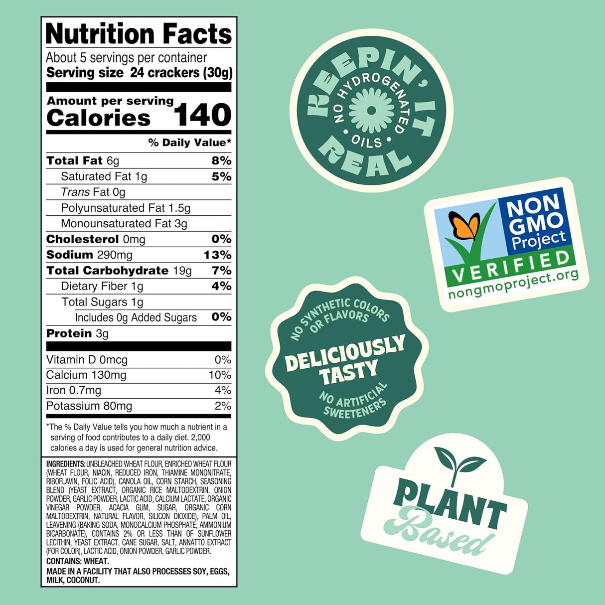 Nutrition facts label and certification logos on a green background