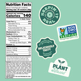 Nutrition facts label and certification logos on a green background