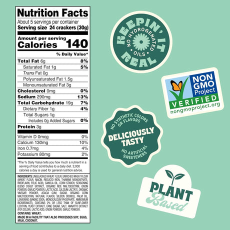 Nutrition facts label and certification logos on a green background