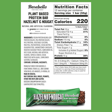 Nutrition label and Hazelnut Nougat Barebells protein bar on a white background with green border