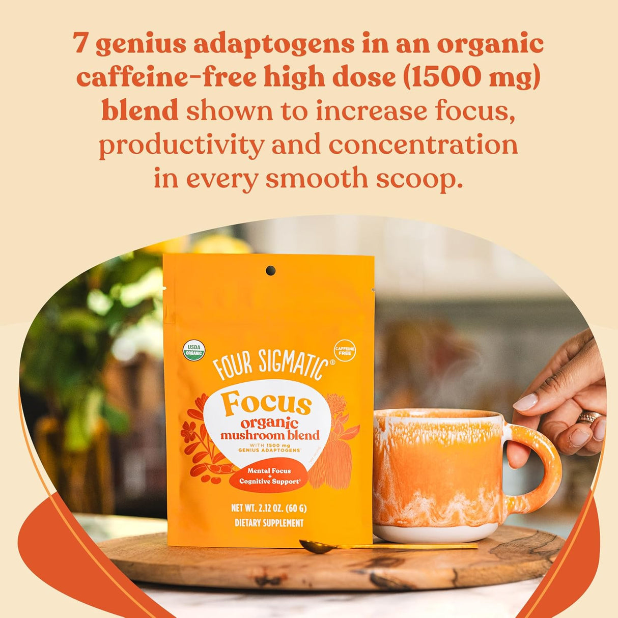 Four Sigmatic Focus mushroom blend package with a cup of tea on a wooden coaster.