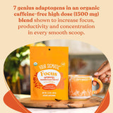 Four Sigmatic Focus mushroom blend package with a cup of tea on a wooden coaster.
