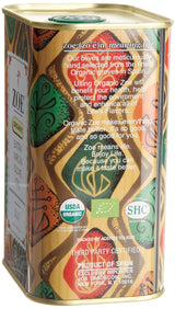 Zoe olive oil can with colorful design and text on a white background