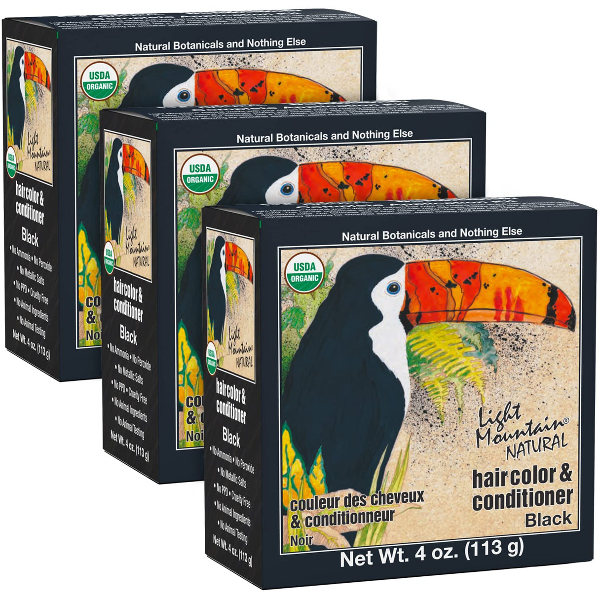 Light Mountain Hair Color/Conditioner, Organic Black, 4 oz, Pack of 3