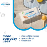 WaterWipes packaging with text on everyday uses on a neutral background