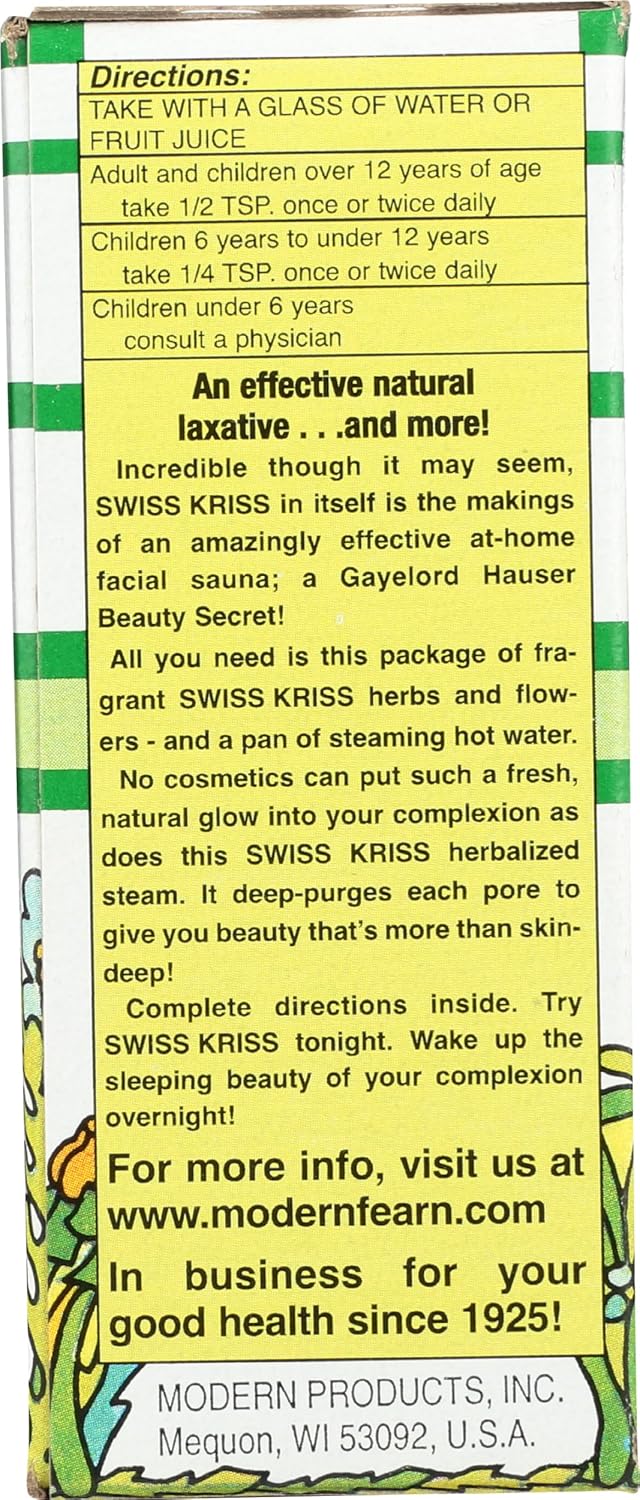 Product label for SWISS KRISS with directions and contact information.