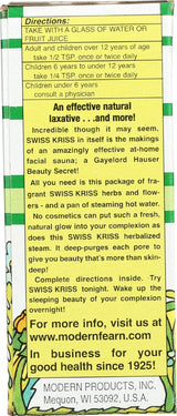 Product label for SWISS KRISS with directions and contact information.