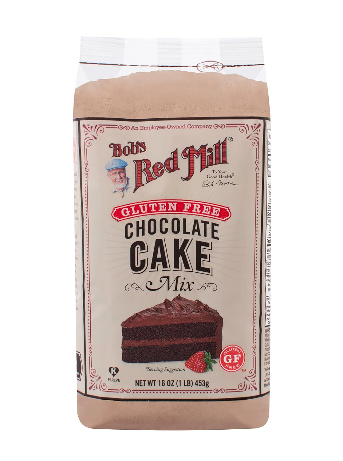 Bag of Bob's Red Mill gluten-free chocolate cake mix on a white background