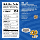 Nutrition facts label and ingredient list for a snack product with a blue background and cartoon character.