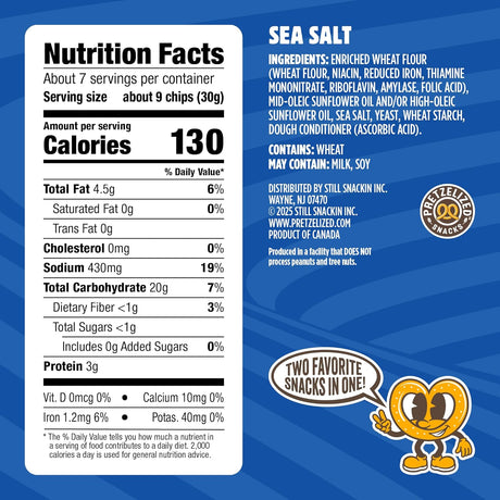 Nutrition facts label and ingredient list for a snack product with a blue background and cartoon character.