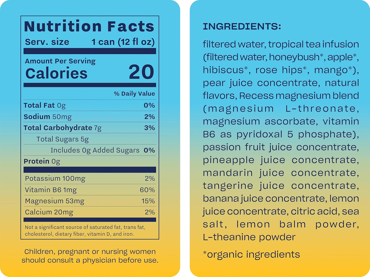 Nutrition facts and ingredients label for a product with blue and yellow gradient background.