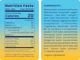 Nutrition facts and ingredients label for a product with blue and yellow gradient background.