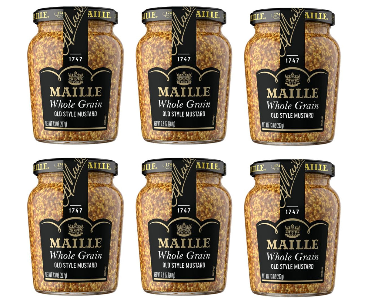 Six jars of Maille Whole Grain Old Style Mustard on a white background