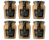 Six jars of Maille Whole Grain Old Style Mustard on a white background