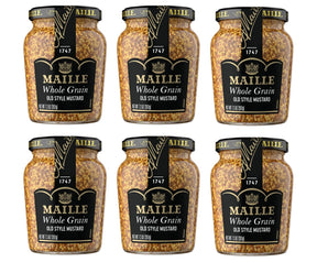 Six jars of Maille Whole Grain Old Style Mustard on a white background