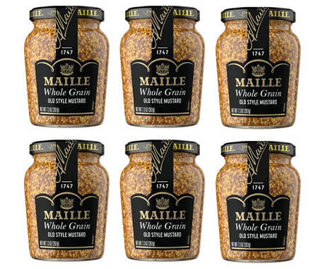 Six jars of Maille Whole Grain Old Style Mustard on a white background
