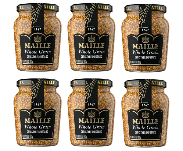 Six jars of Maille Whole Grain Old Style Mustard on a white background