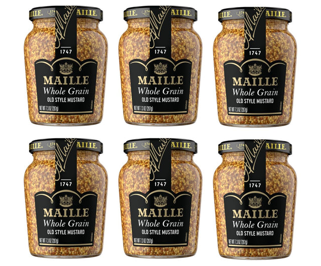 Six jars of Maille Whole Grain Old Style Mustard on a white background