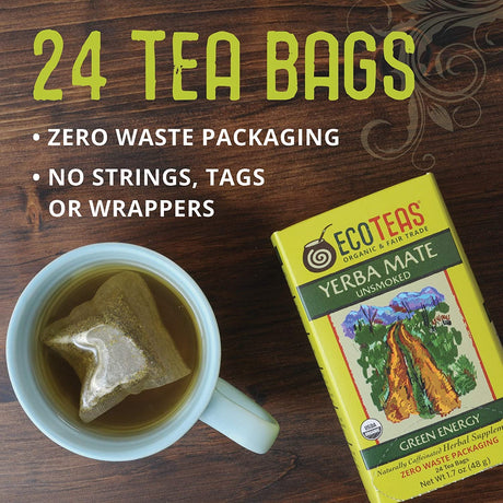 Ecoteas Unsmoked Organic Yerba Mate Green Energy Tea Bags, 6-Pack of 24 Bags