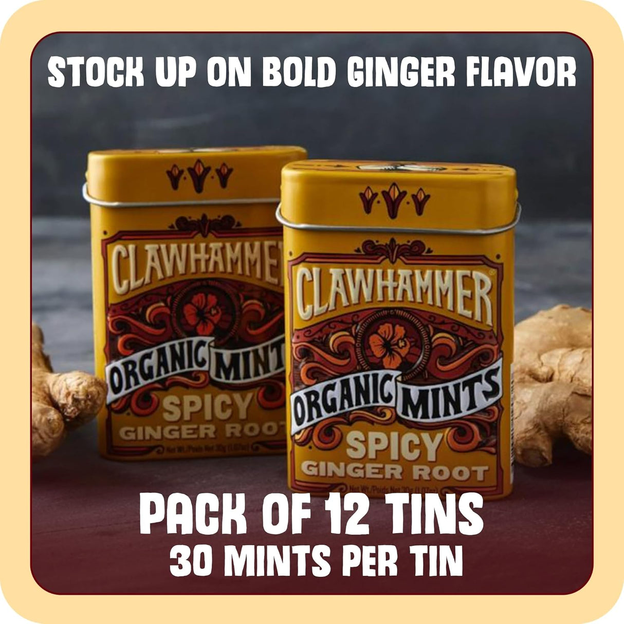 Two tins of Clawhammer Organic Mints Spicy Ginger Root with text on a dark background