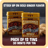 Two tins of Clawhammer Organic Mints Spicy Ginger Root with text on a dark background