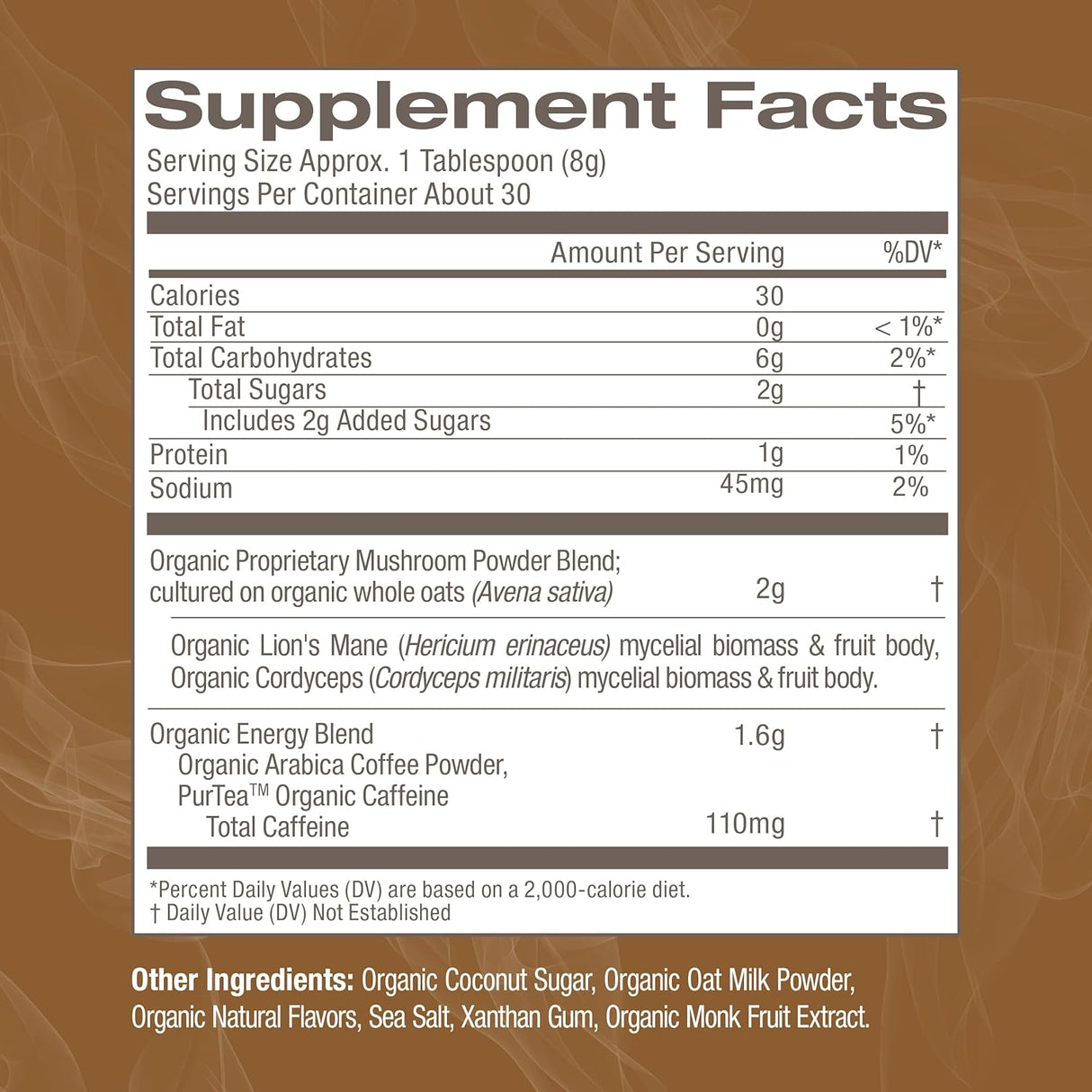 Supplement facts label on a brown background