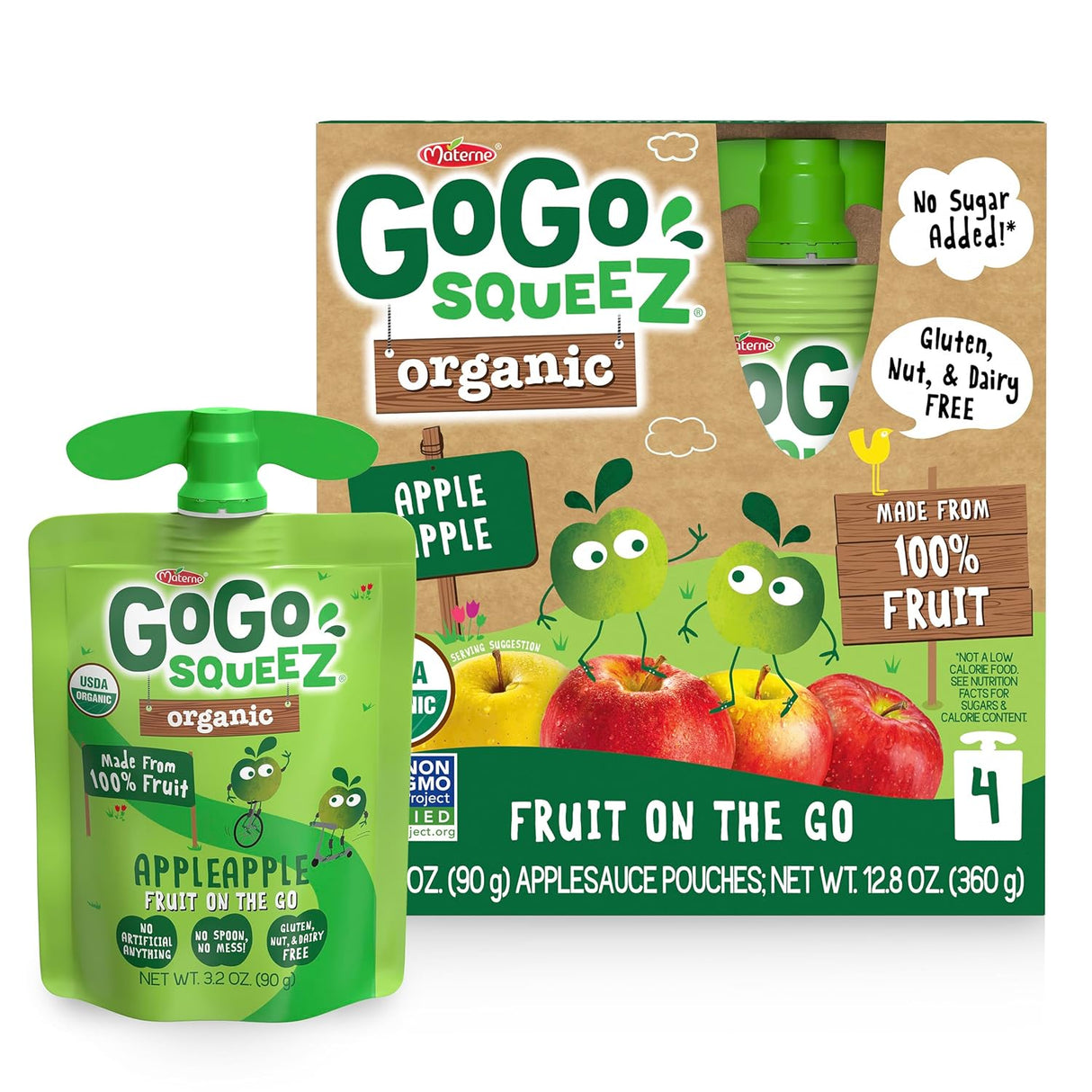 GoGo SqueeZ organic apple sauce packaging on a white background