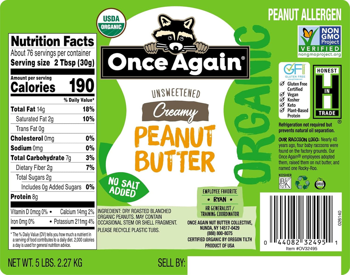 Once Again Organic Creamy Peanut Butter, No Salt, 5 lb