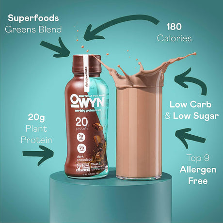 OWYN - Plant-Based Protein Shake - Dark Chocolate - 12 Fl Oz. (Pack of 12) - Cozy Farm 