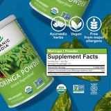 Moringa powder supplement packaging with supplement facts on a blue background