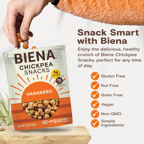 Biena Habanero Chickpea Snacks packaging with a hand holding snacks above it, on a light background.