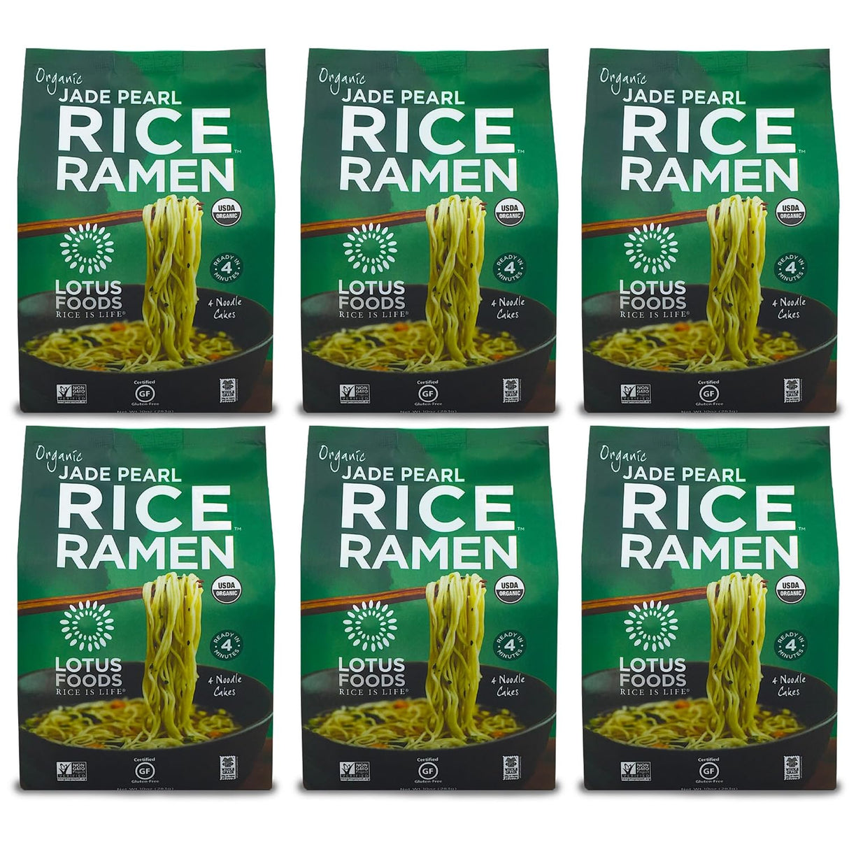 Six packages of Lotus Foods Jade Pearl Rice Ramen on a white background