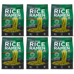 Six packages of Lotus Foods Jade Pearl Rice Ramen on a white background