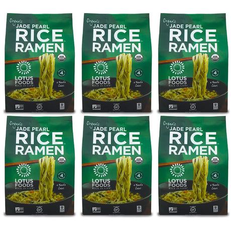Six packages of Lotus Foods Jade Pearl Rice Ramen on a white background